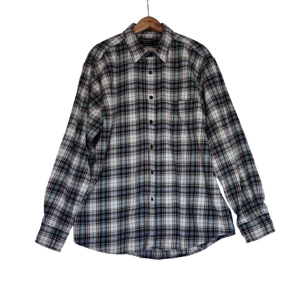 American Eagle Mens Large Brushed Twill Plaid Flannel Shirt Grey Blue Y2K